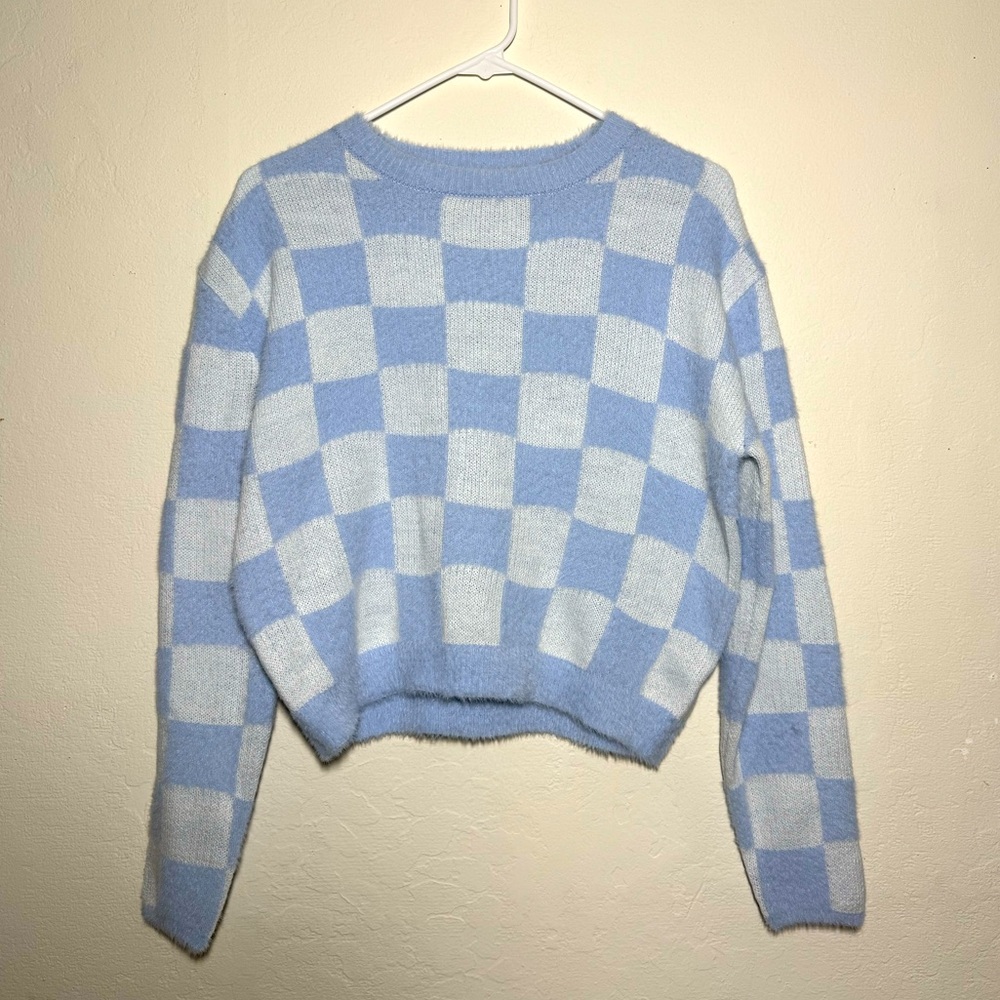 NWOT Blue Checkered Fuzzy Sweater